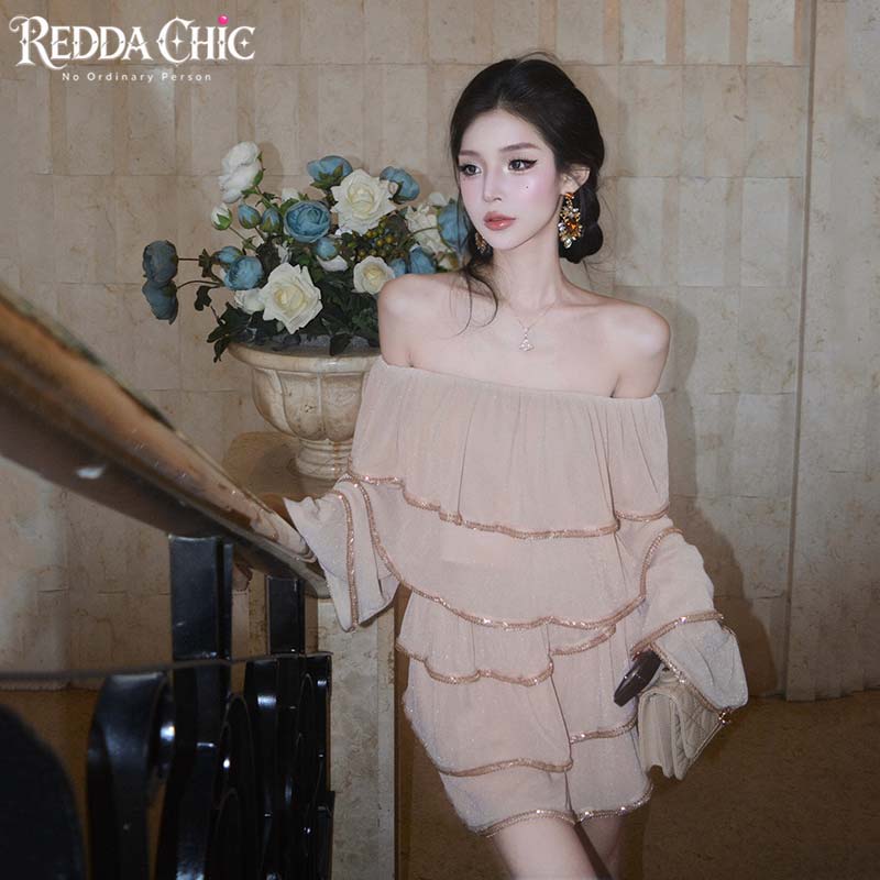 Blouse Off Shoulder - REDDACHiC オフショルダー クロップドトップスとスカートのセット。女性用、秋物、長袖ブラウス、ウエストがゴムのケーキスカート、カクテルパーティー用。