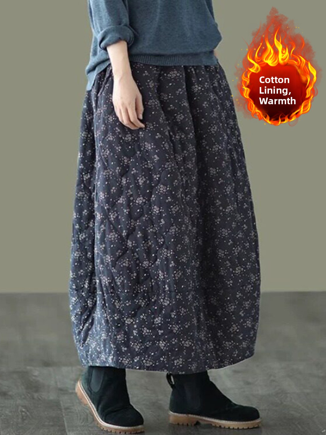 Midi Skirt Floral - レトロ花柄コットンハーフスカート厚く暖かい A ラインスカート弾性ウエストミディスカートプラスサイズの女性のための秋冬婦人服