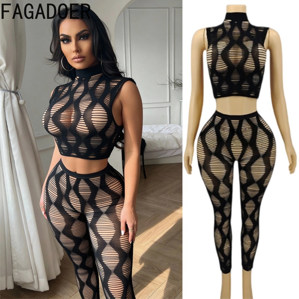 Crop Top Crochet - FAGADOER セクシーなニット2点セット。女性用、袖なしのクロップドトップスとハイウエストレギンス。伸縮性があり、透け感のあるデザインで、クラブウェアとしても最適。