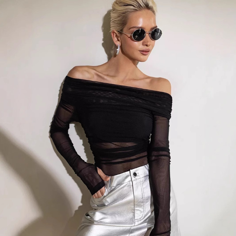 女性用メッシュオフショルダートップ、シースルーロングスリーブ - Blouse Off Shoulder のレビューと価格