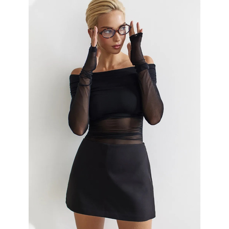 女性用メッシュオフショルダートップ、シースルーロングスリーブ - Blouse Off Shoulder のレビューと価格