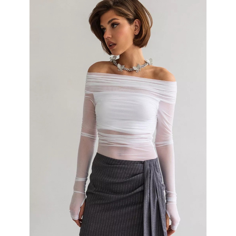 女性用メッシュオフショルダートップ、シースルーロングスリーブ - Blouse Off Shoulder のレビューと価格