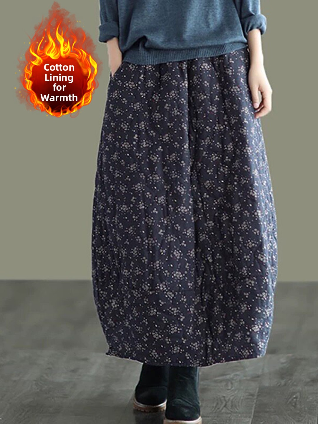 レトロ花柄コットンハーフスカート厚く暖かい A ラインスカー - Midi Skirt Floral のレビューと価格