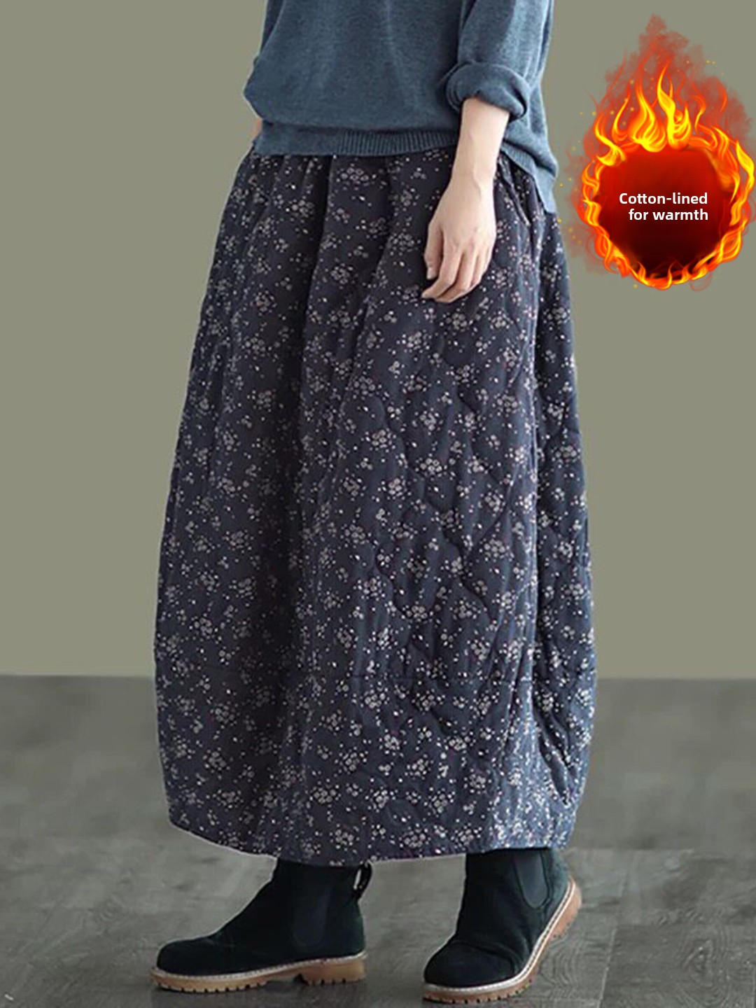 レトロ花柄コットンハーフスカート厚く暖かい A ラインスカー - Midi Skirt Floral のレビューと価格