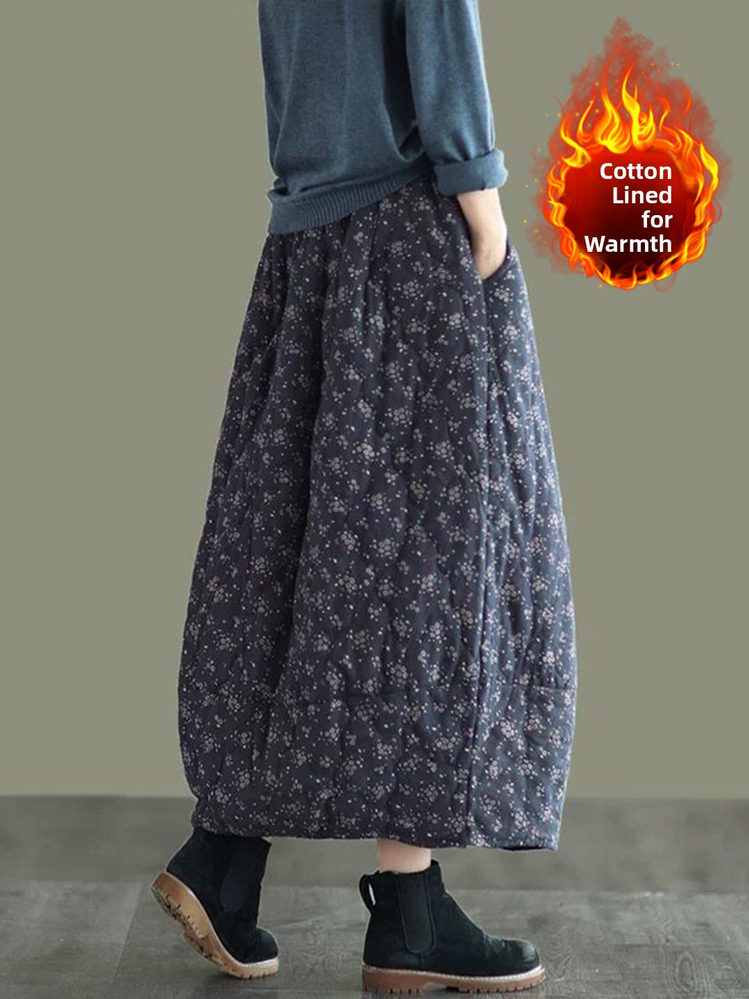 レトロ花柄コットンハーフスカート厚く暖かい A ラインスカー - Midi Skirt Floral のレビューと価格