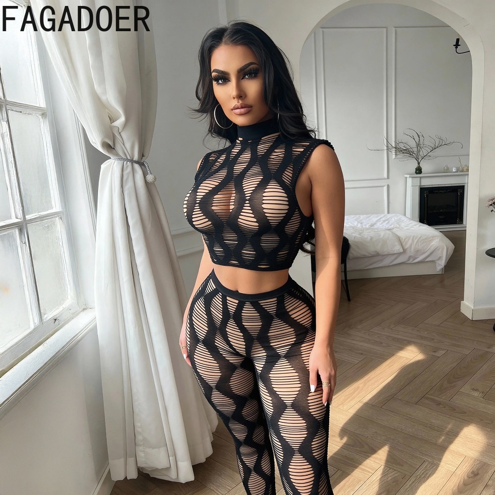 FAGADOER セクシーなニット2点セット。女性用、袖なし - Crop Top Crochet のレビューと価格