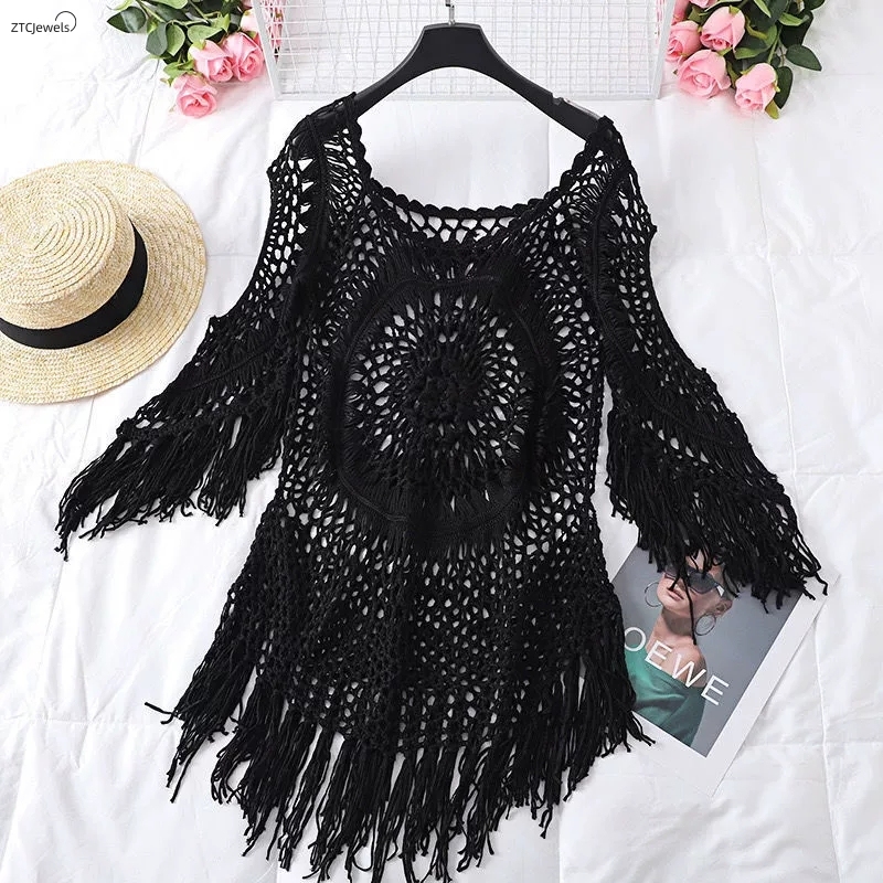 レディース夏かぎ針編みビキニカバーアップフリンジトリム女性の - Cover Up Kaftan のレビューと価格