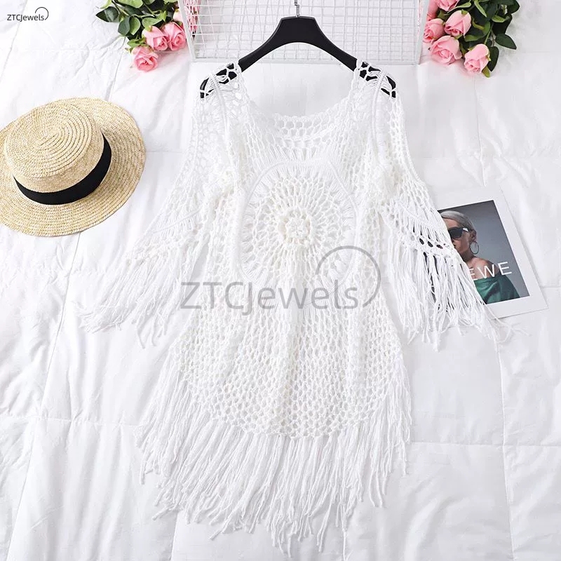 レディース夏かぎ針編みビキニカバーアップフリンジトリム女性の - Cover Up Kaftan のレビューと価格