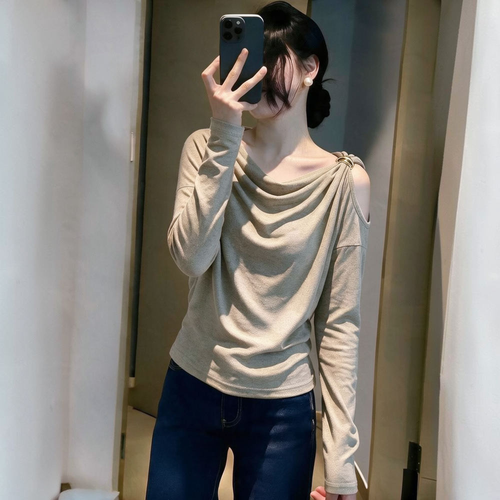 女性用、スリムに見せる長袖トップス。ドレープネック、オフショ - Blouse Off Shoulder のレビューと価格