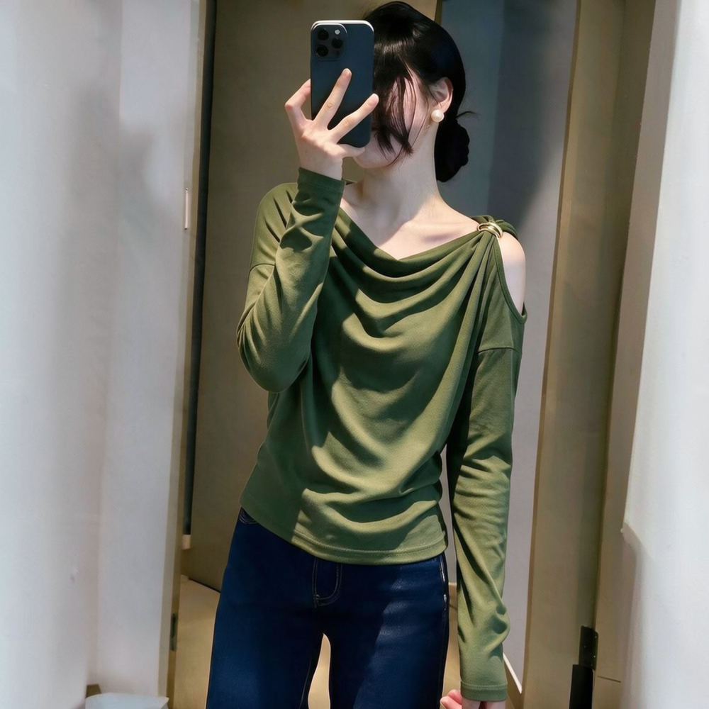 女性用、スリムに見せる長袖トップス。ドレープネック、オフショ - Blouse Off Shoulder のレビューと価格