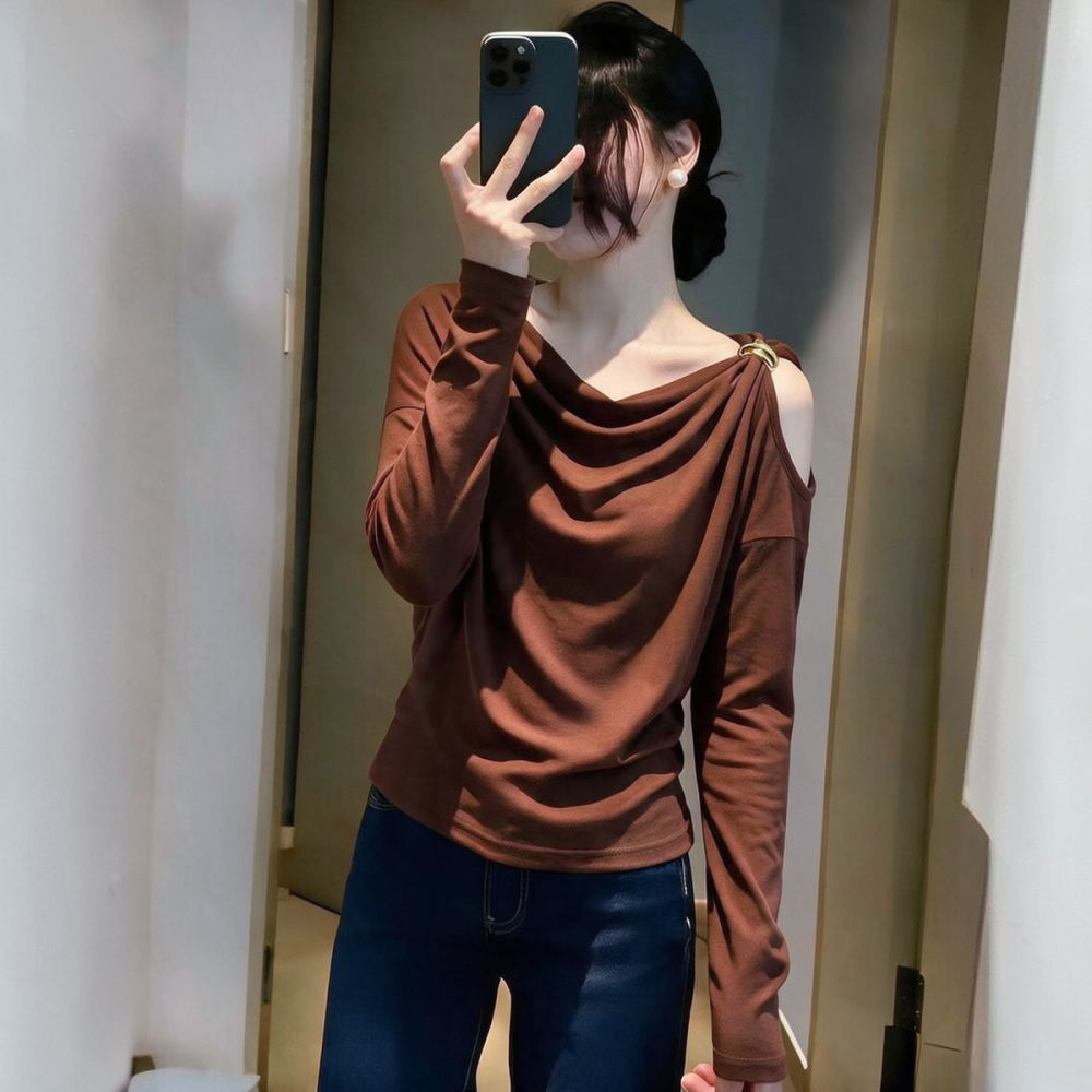 女性用、スリムに見せる長袖トップス。ドレープネック、オフショ - Blouse Off Shoulder のレビューと価格